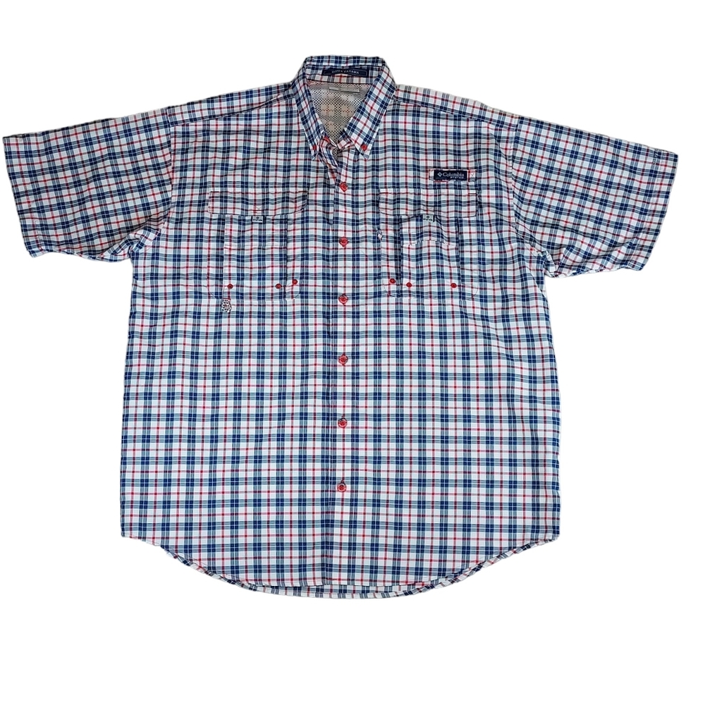 Columbia PFG Super Bahama Size Medium Red Spark Multi Plaid Fishing Shirt